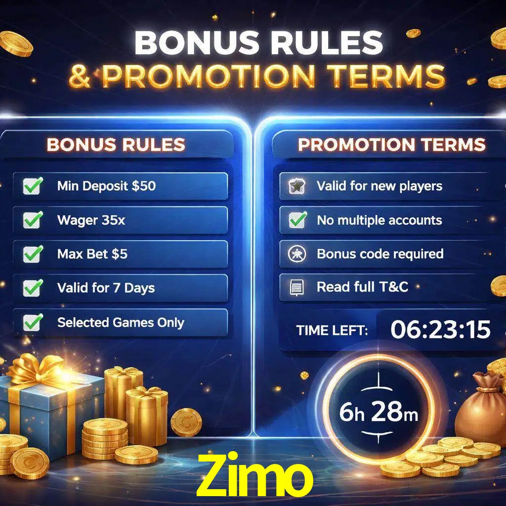 Reglas de promoción Zimo y condiciones de bonos explicadas visualmente