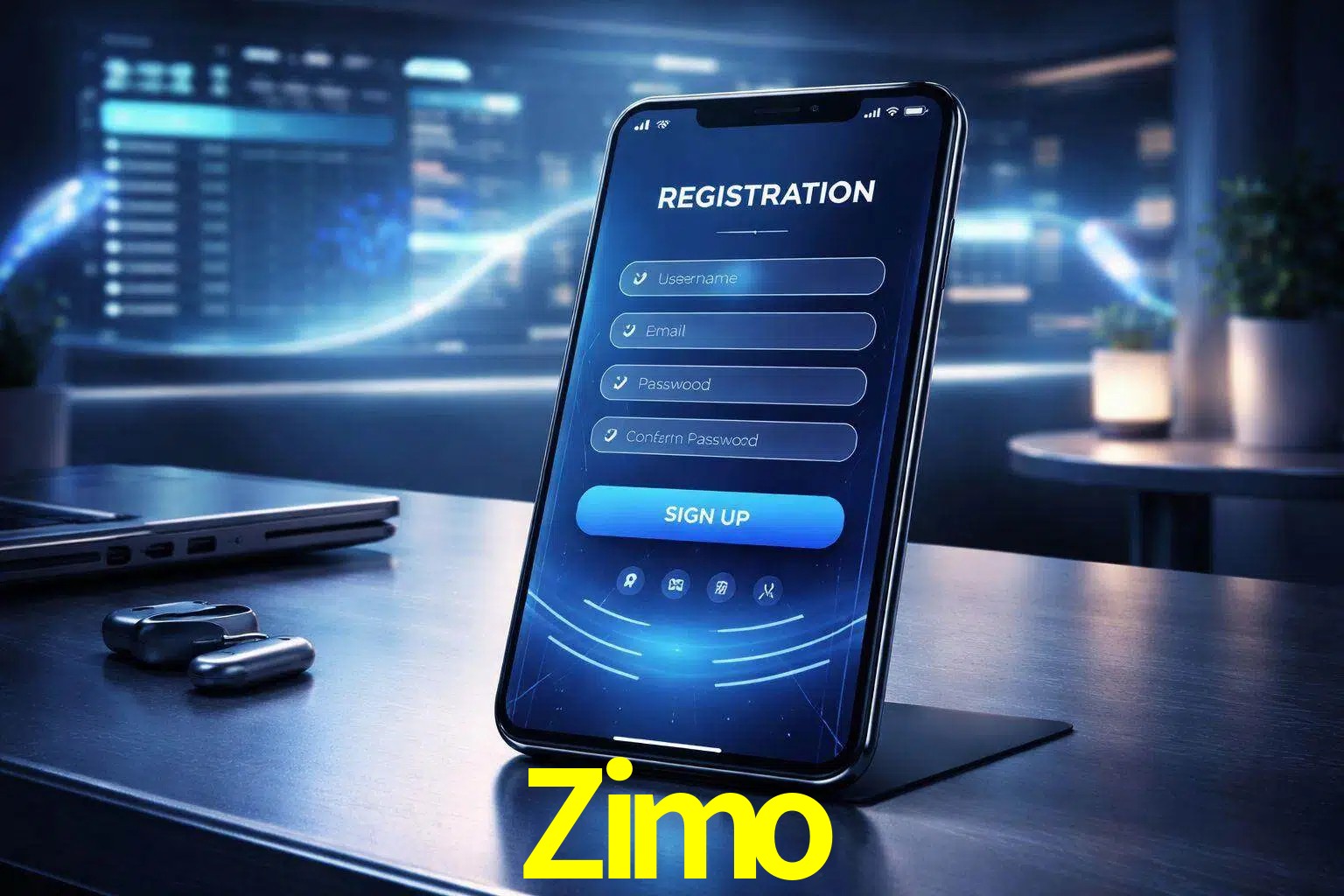 Una interfaz moderna de registro móvil para Zimo mostrada en un smartphone con un panel de apuestas elegante.